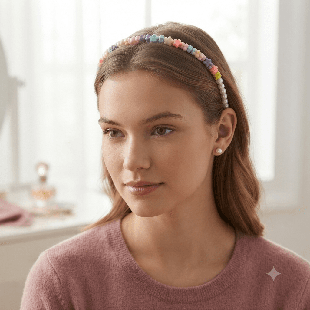 Woman wearing a colourful pastel flower and star beaded headband with softly styled hair