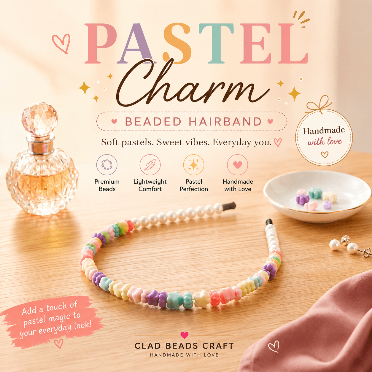 Pastel flower beaded headband with colourful beads, pearl-look accents and aqua star detail