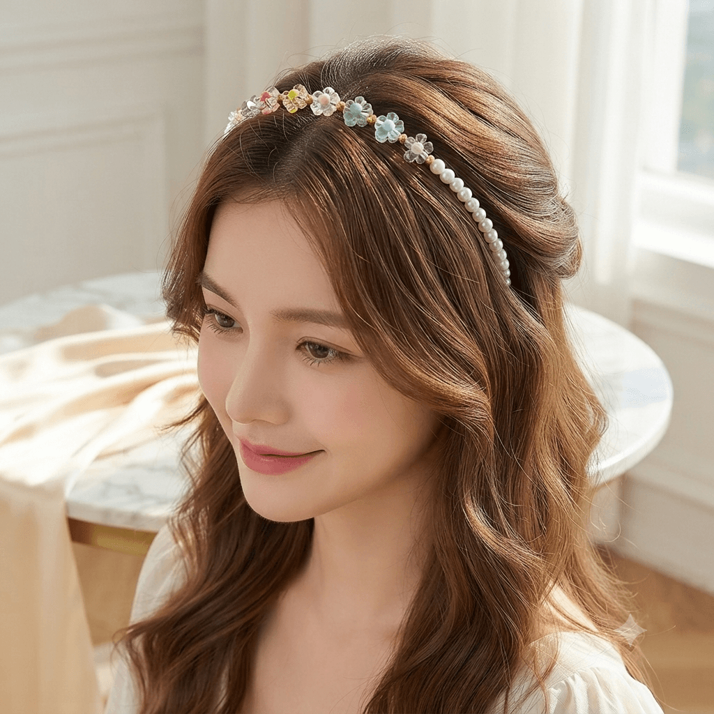 Woman wearing a colourful pastel flower and pearl-look beaded headband with softly styled hair
