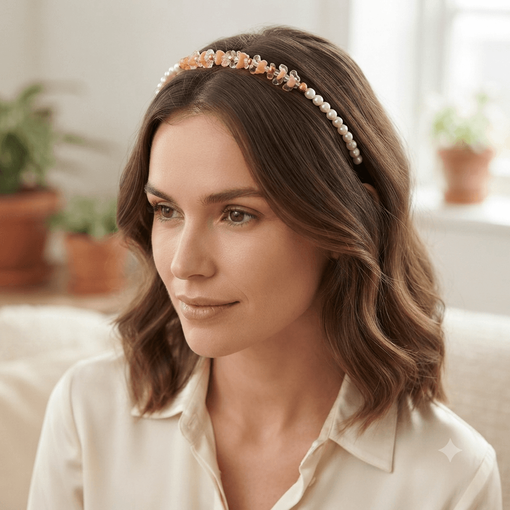 Woman wearing a peach and pearl-look beaded headband with softly styled hair