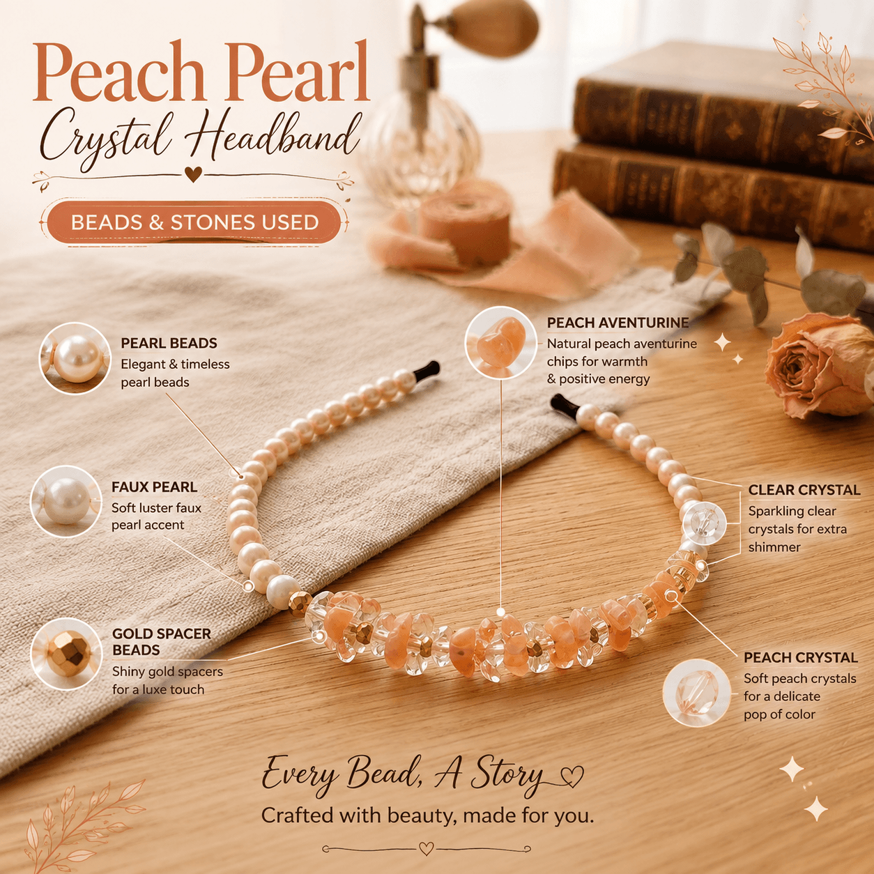 Peach pearl-look beaded headband with peach decorative chips, clear faceted beads and gold-tone spacer beads