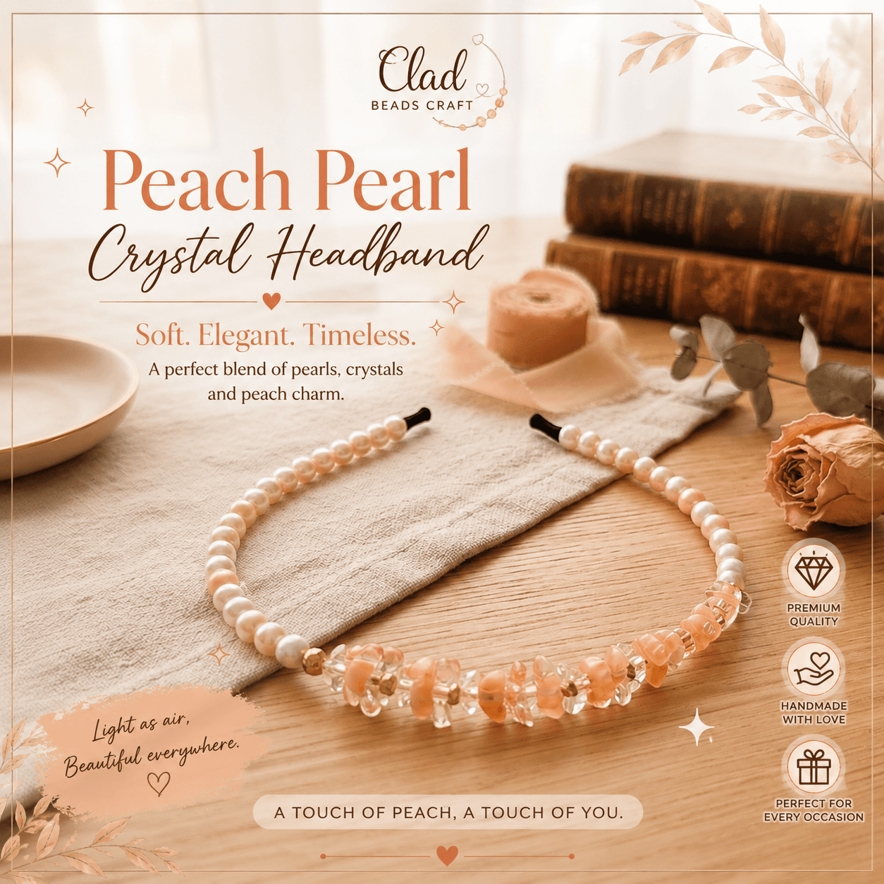 Peach and pearl-look handmade beaded headband displayed on a warm neutral background
