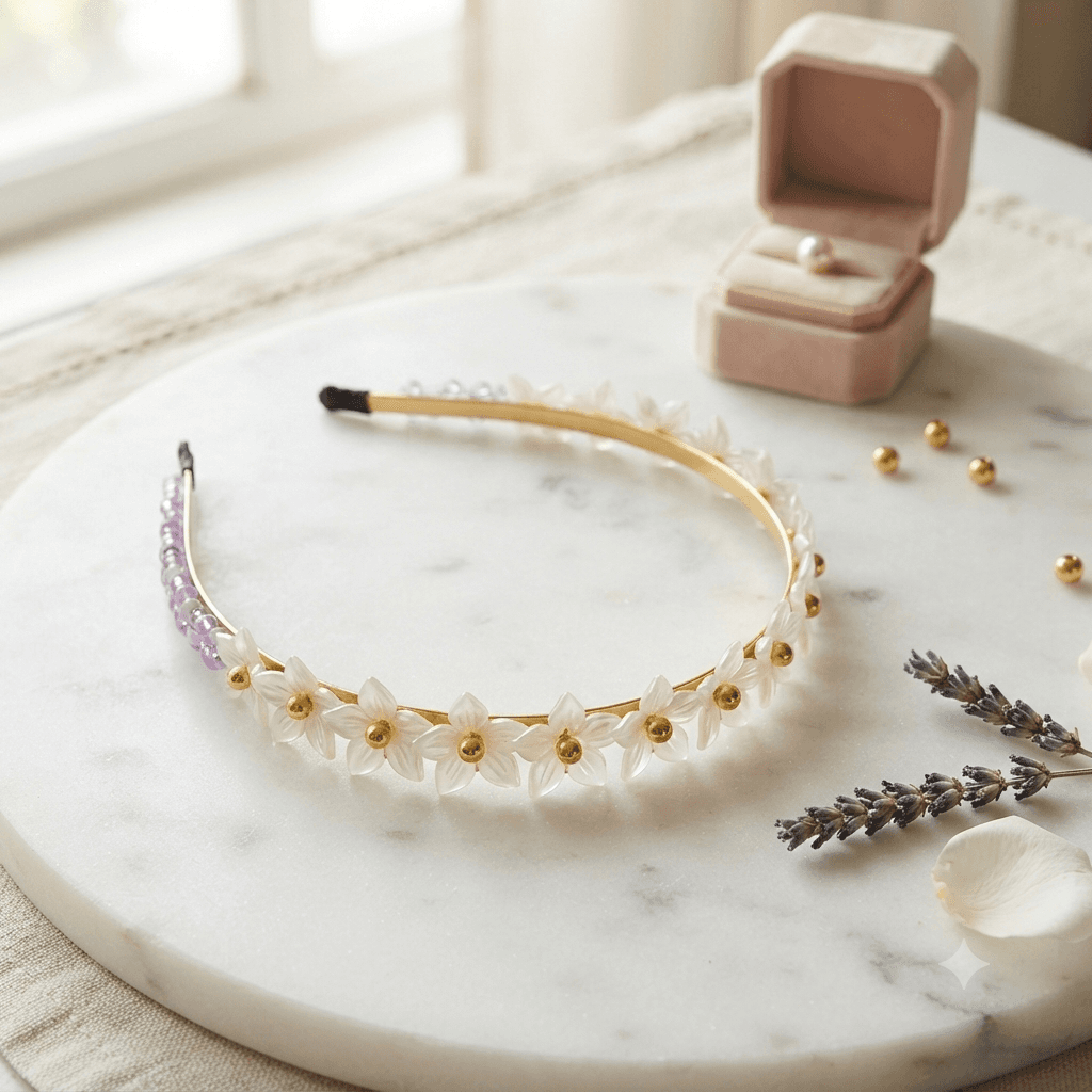 White floral pearl-look headband with purple bead accents displayed on a white marble surface