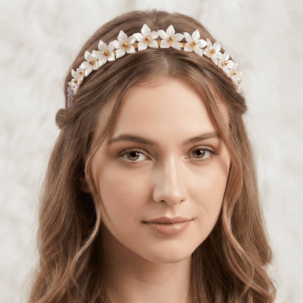 Woman wearing a white floral pearl-look beaded headband with purple accents