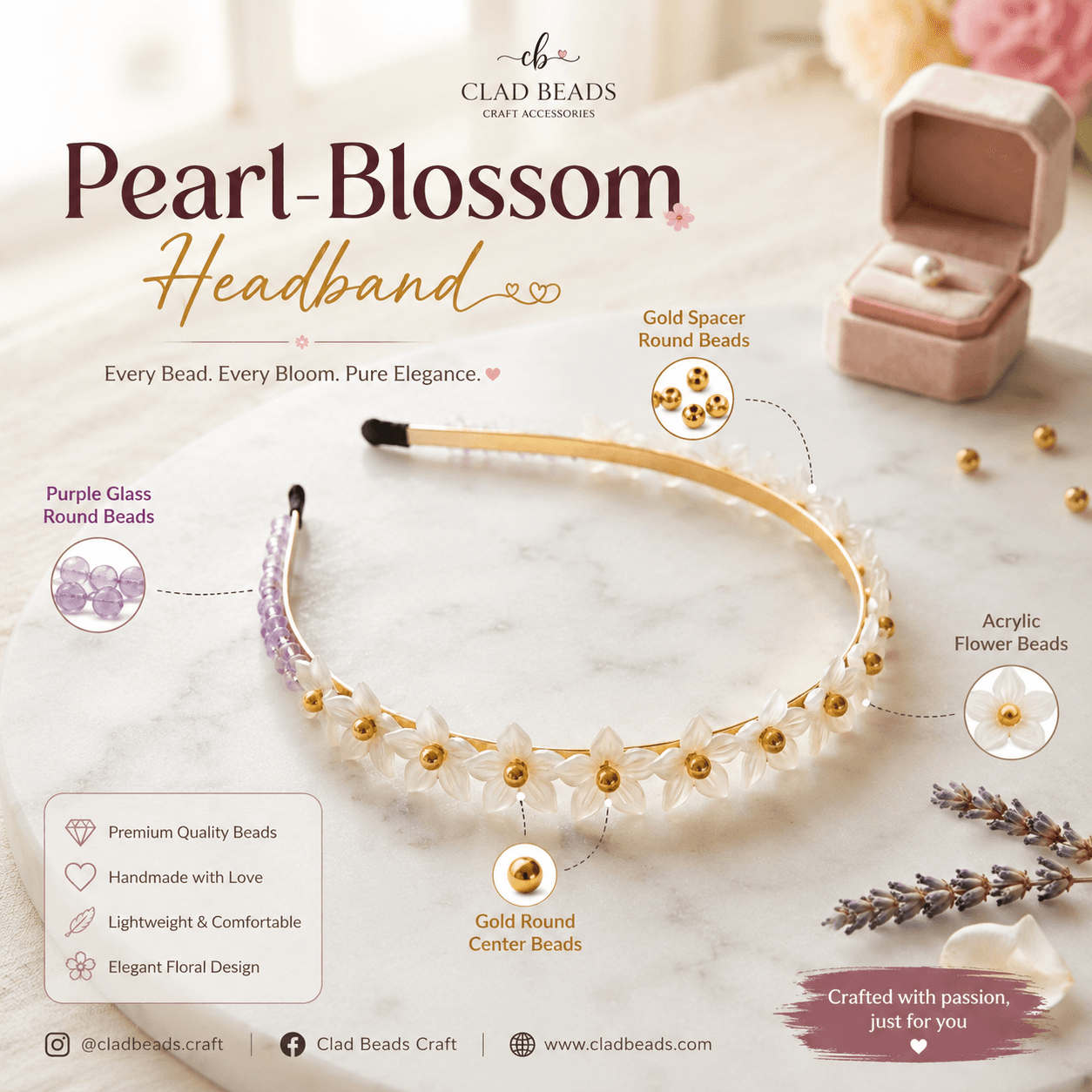 Pearl-look beaded headband with white acrylic flowers, purple glass beads and gold-tone accents