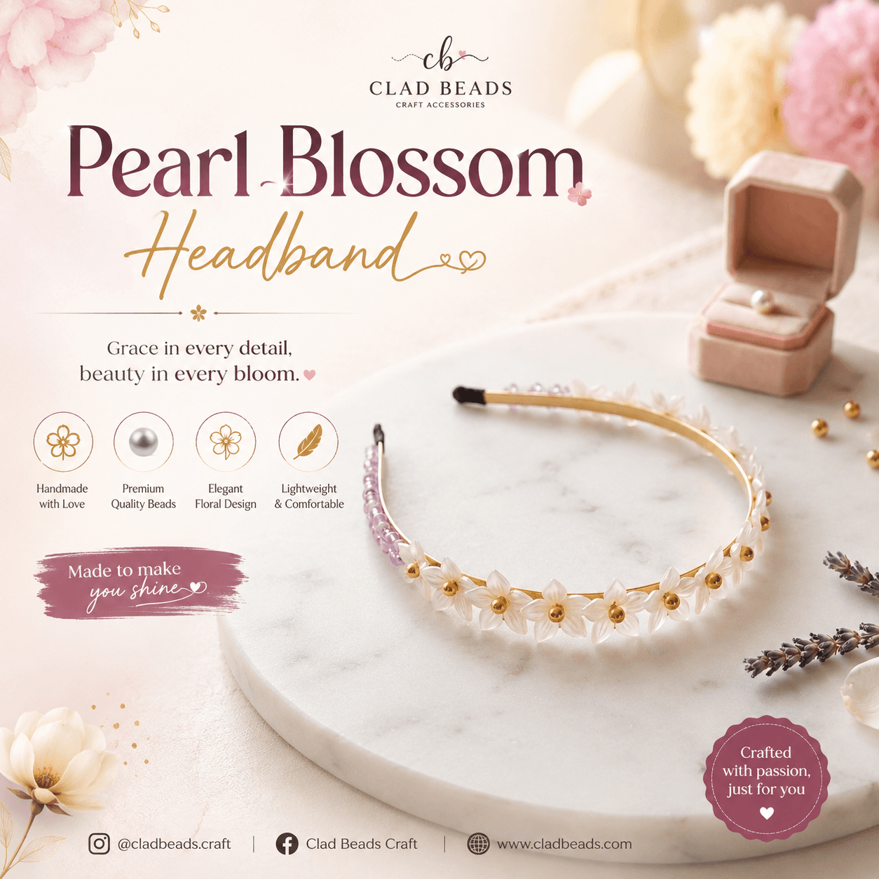 Elegant Pearl Blossom handmade headband displayed with white flowers and purple bead accents