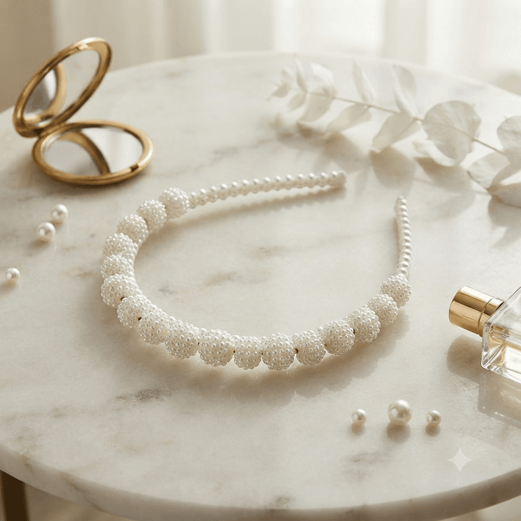 Ivory pearl-look beaded headband displayed on a white marble-style surface