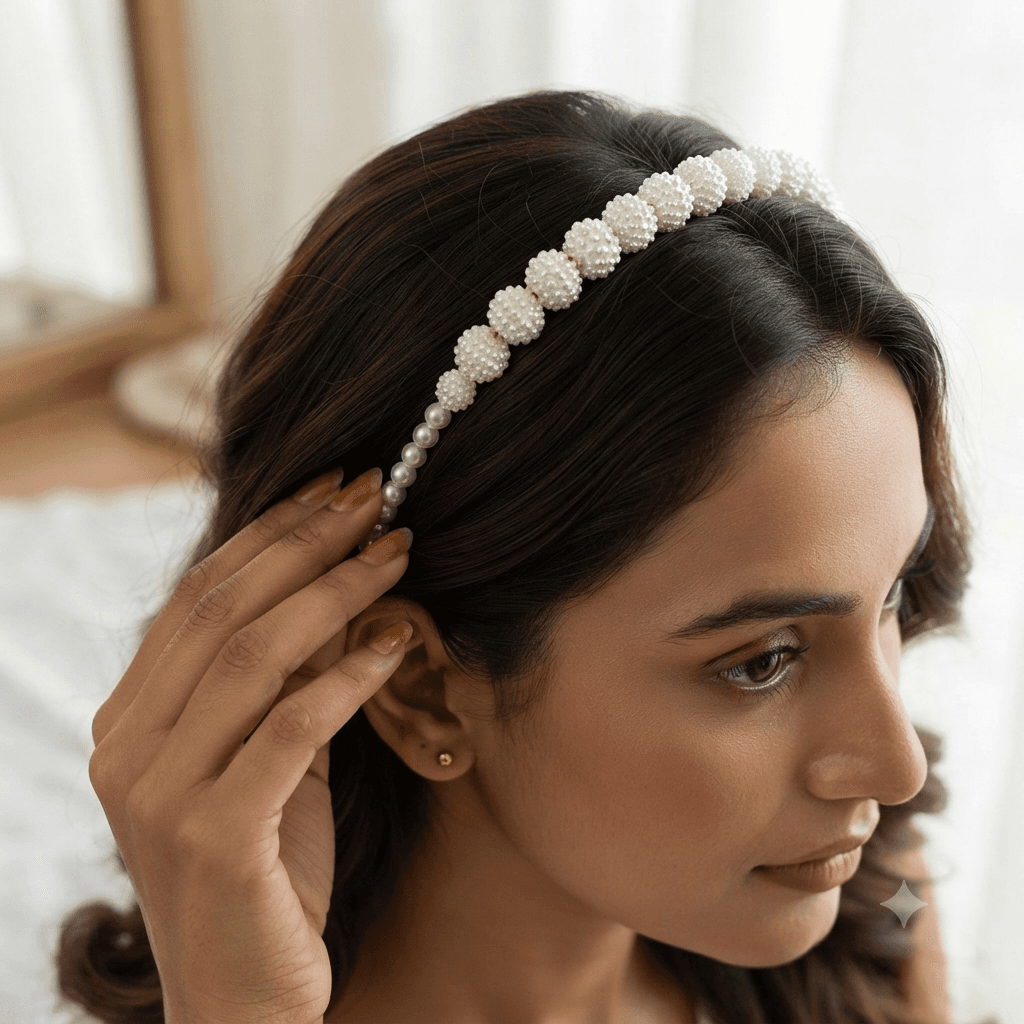 Woman wearing an elegant ivory pearl-look cluster beaded headband