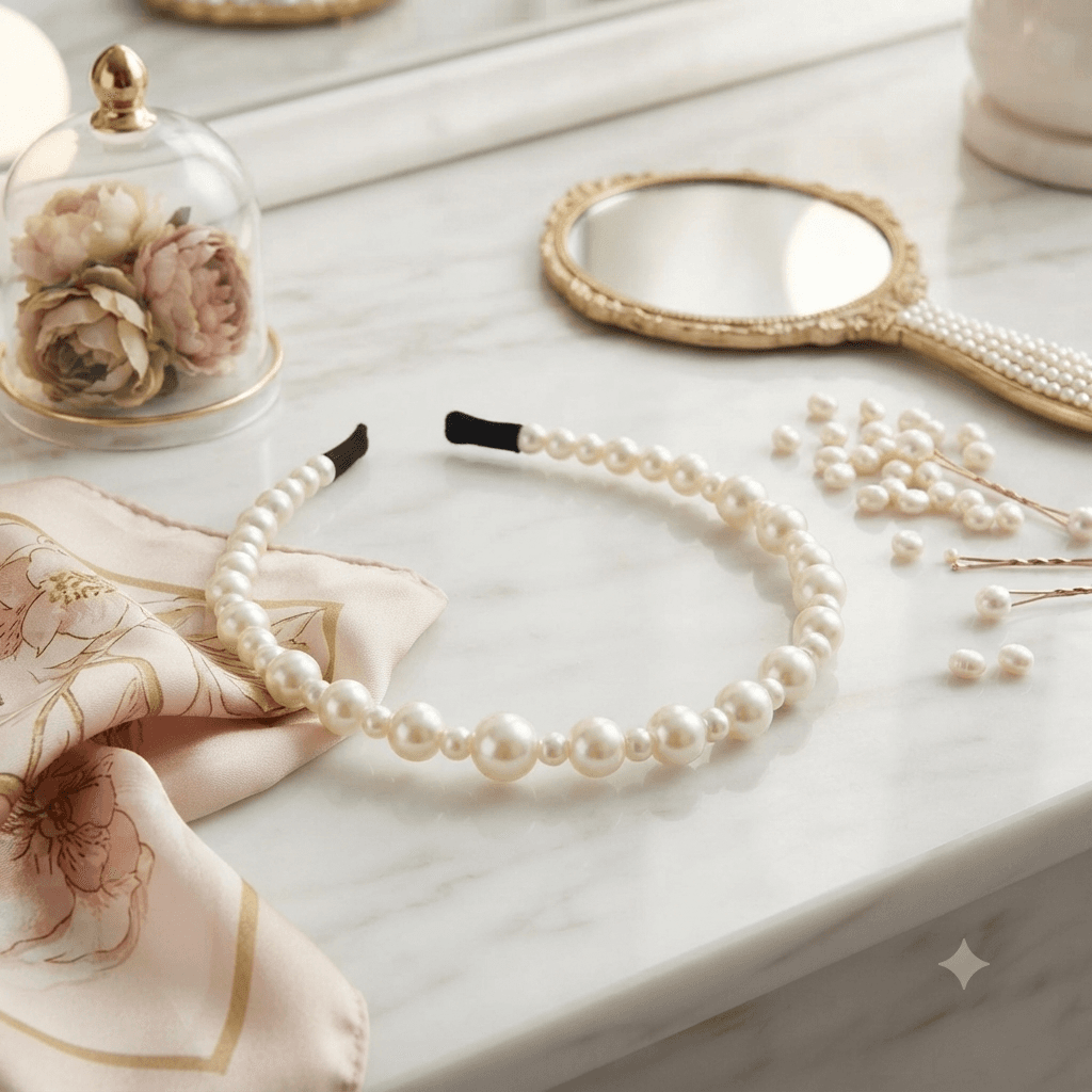 White pearl-look beaded headband displayed on a clean surface