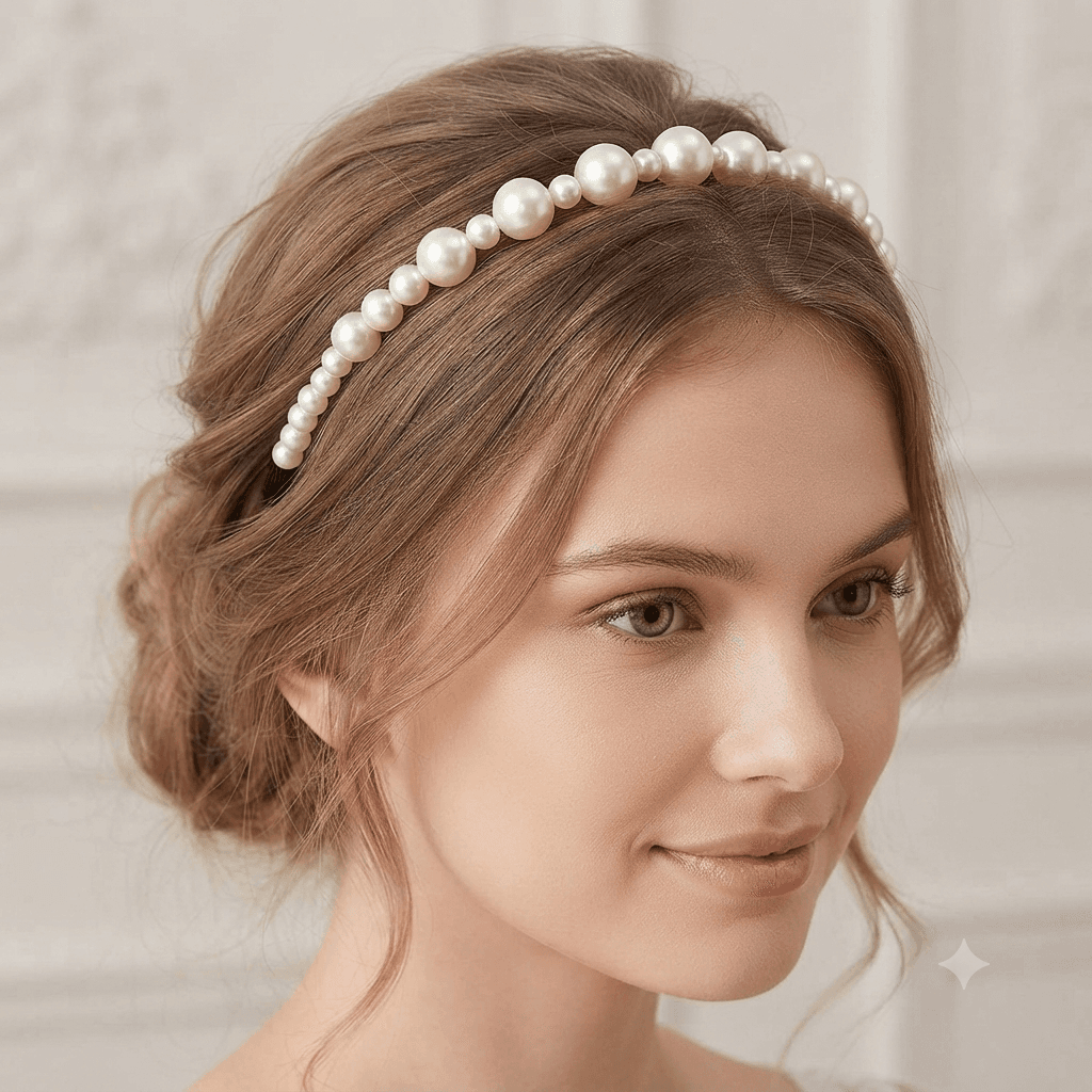 White pearl-look beaded headband worn with an elegant hairstyle