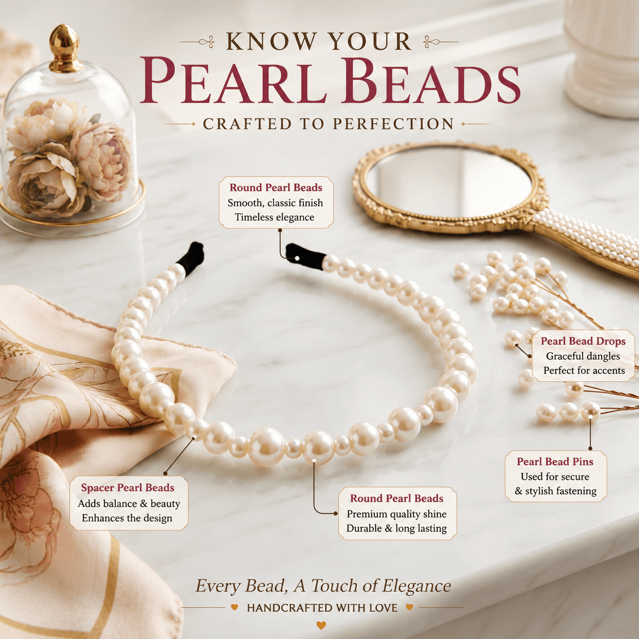 White beaded headband showing round pearl-look beads in graduated sizes