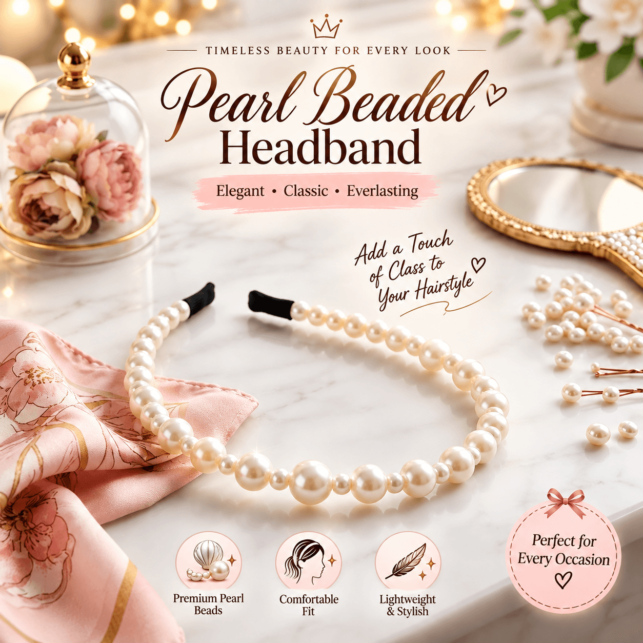 Pearl beaded headband styled as an elegant classic white hair accessory