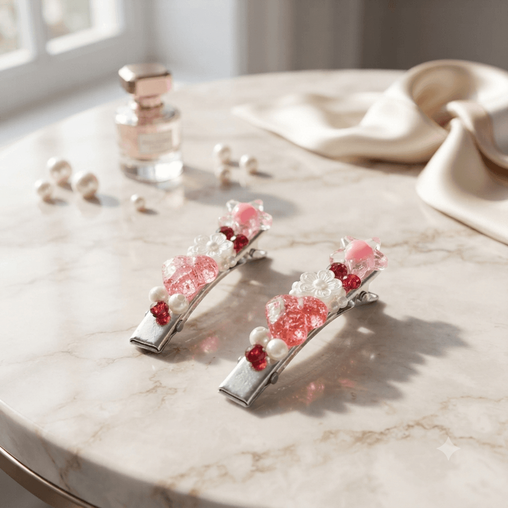 Two pink and red beaded hair clips with heart, star, flower and pearl-look decorations on a marble surface