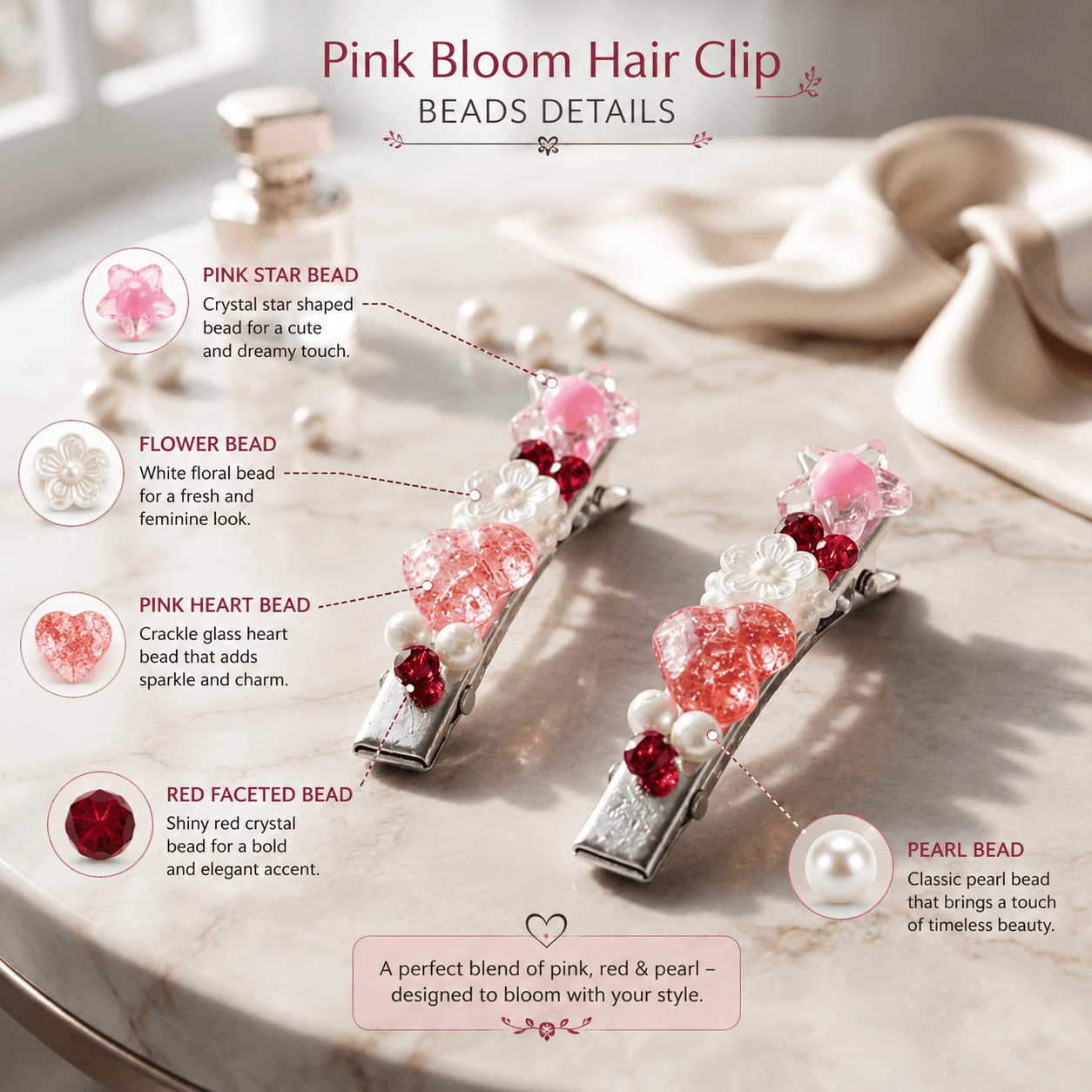 Pink beaded hair clips showing pink star, white flower, pink heart, red faceted and pearl-look bead details