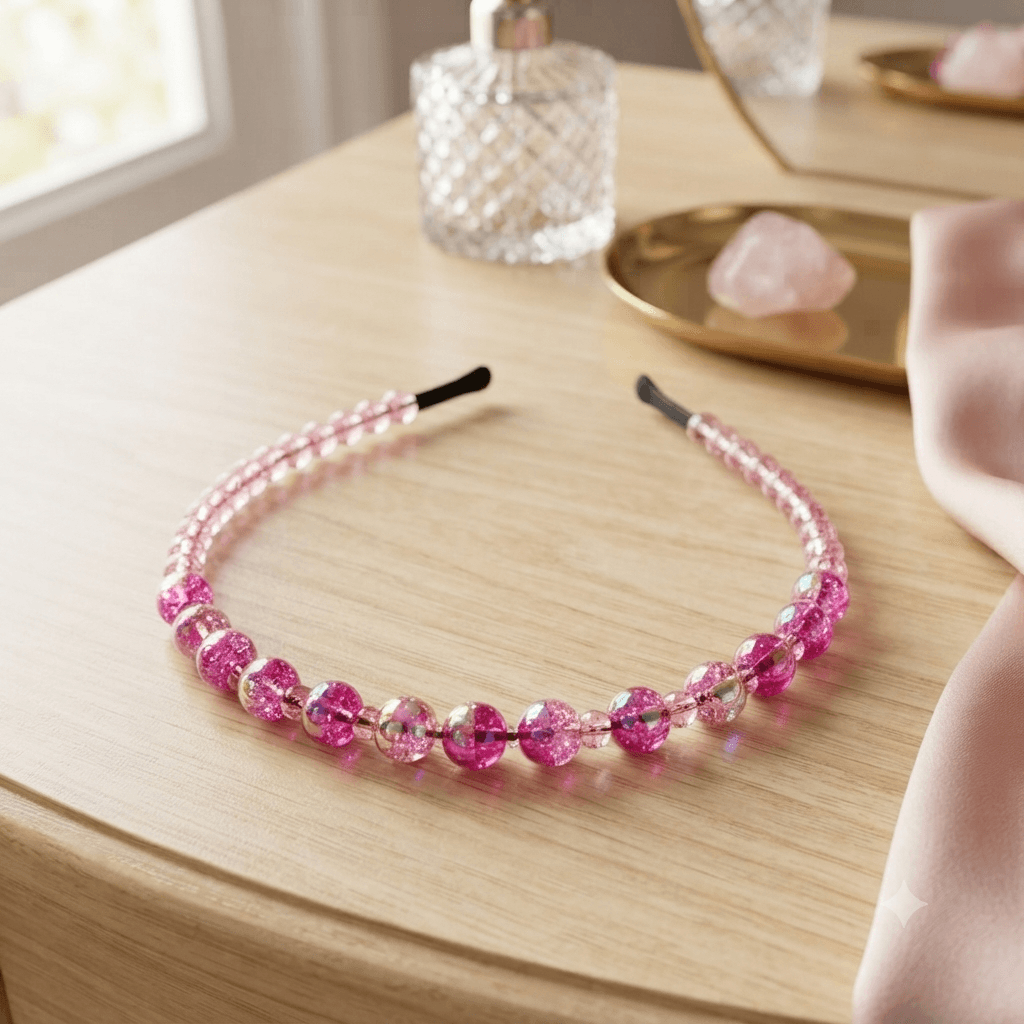 Pink crackle beaded headband displayed on a wooden surface with larger sparkling beads at the centre