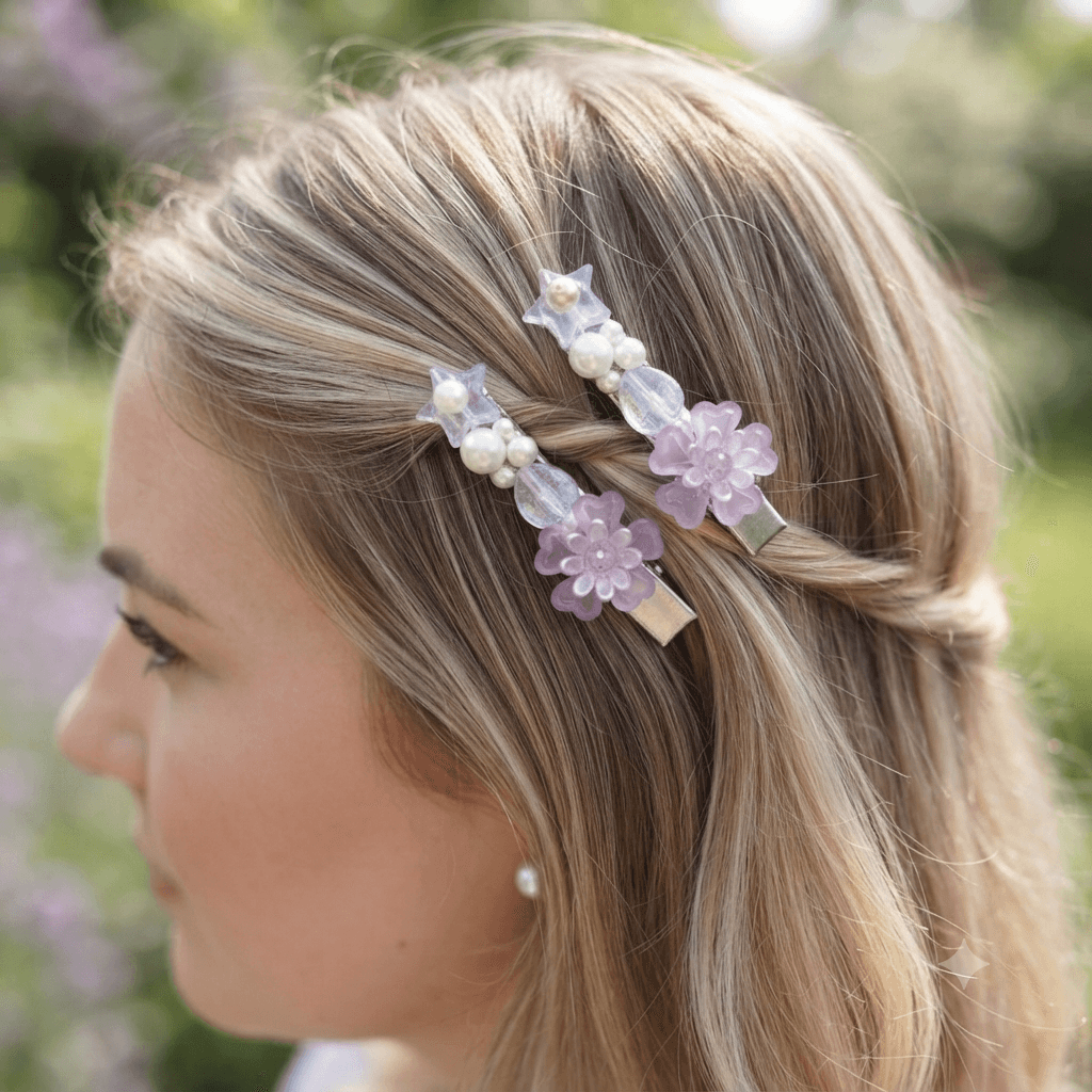 Woman wearing matching lavender floral pearl-look hair clips in her hair