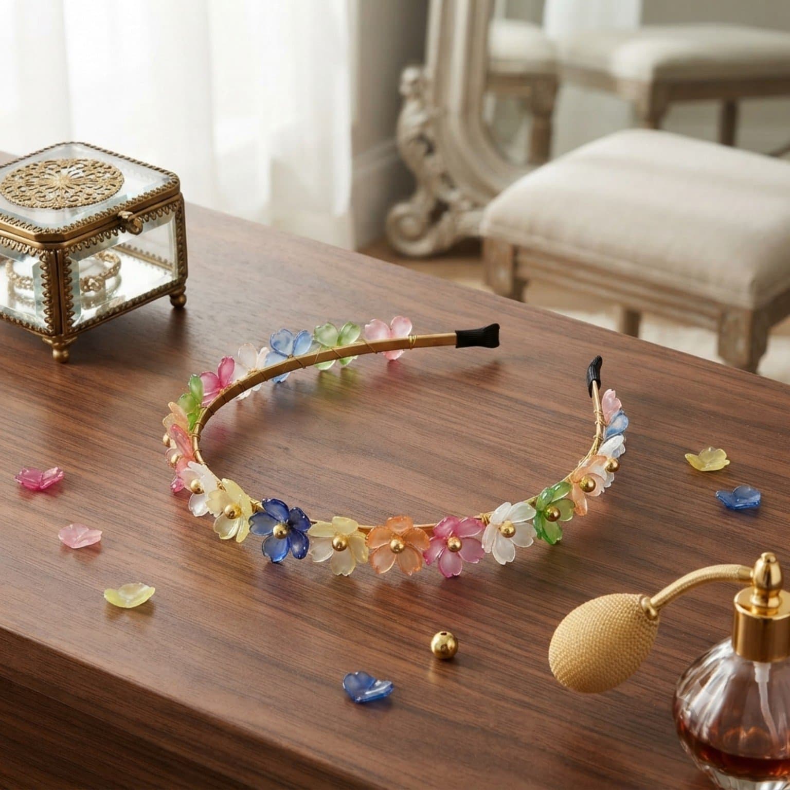 Handmade rainbow floral beaded headband with colourful translucent flowers and gold-tone centres