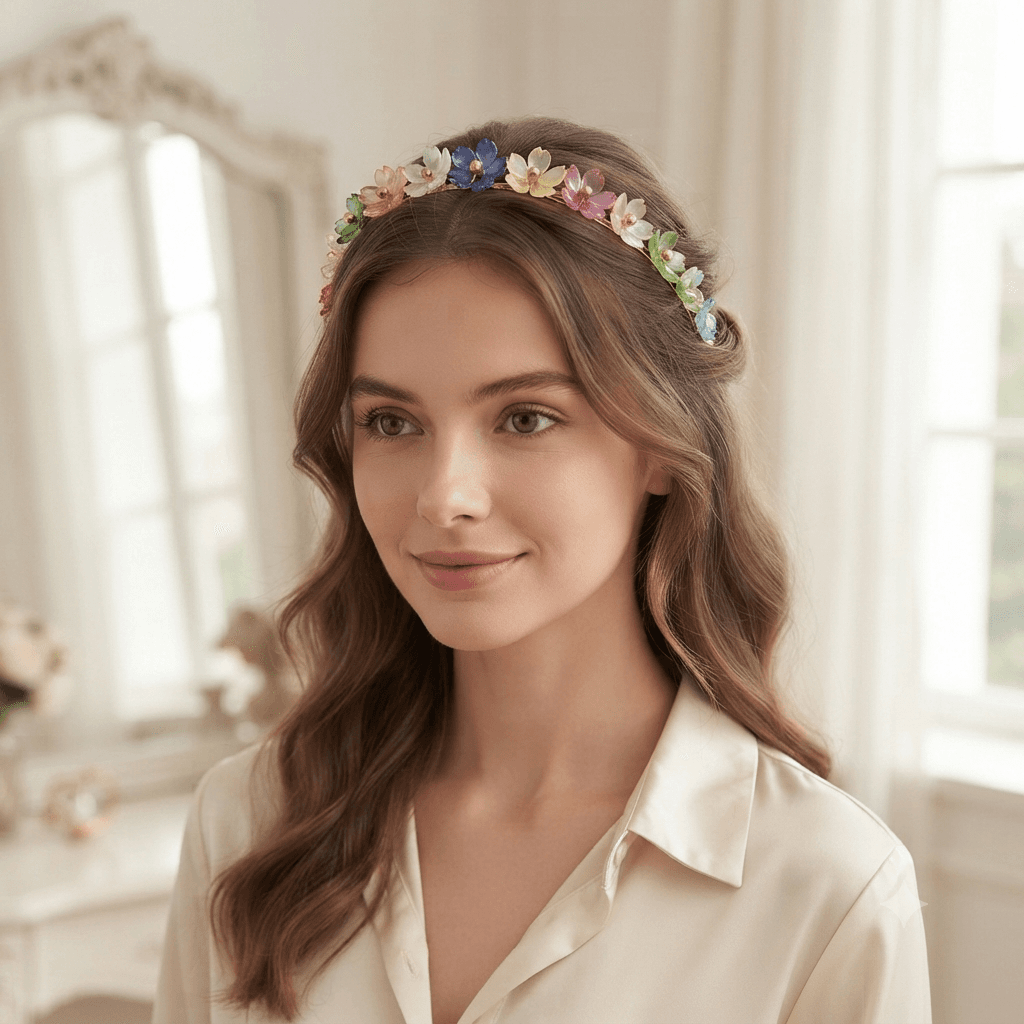Woman wearing a colourful floral beaded headband with blue, green, pink and yellow flower beads