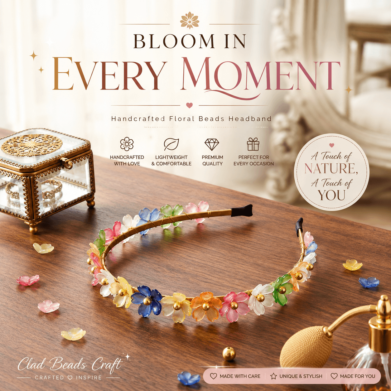 Rainbow Bloom handmade floral bead headband displayed with colourful flower beads on a wooden table