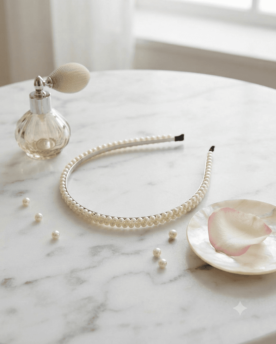 Small white pearl-look beaded headband displayed on a light surface