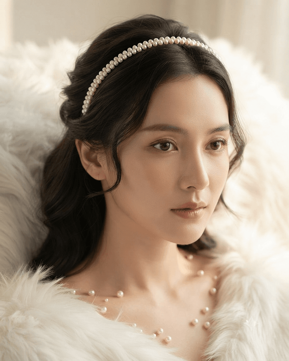 Woman wearing a delicate white pearl-look beaded headband with an elegant hairstyle