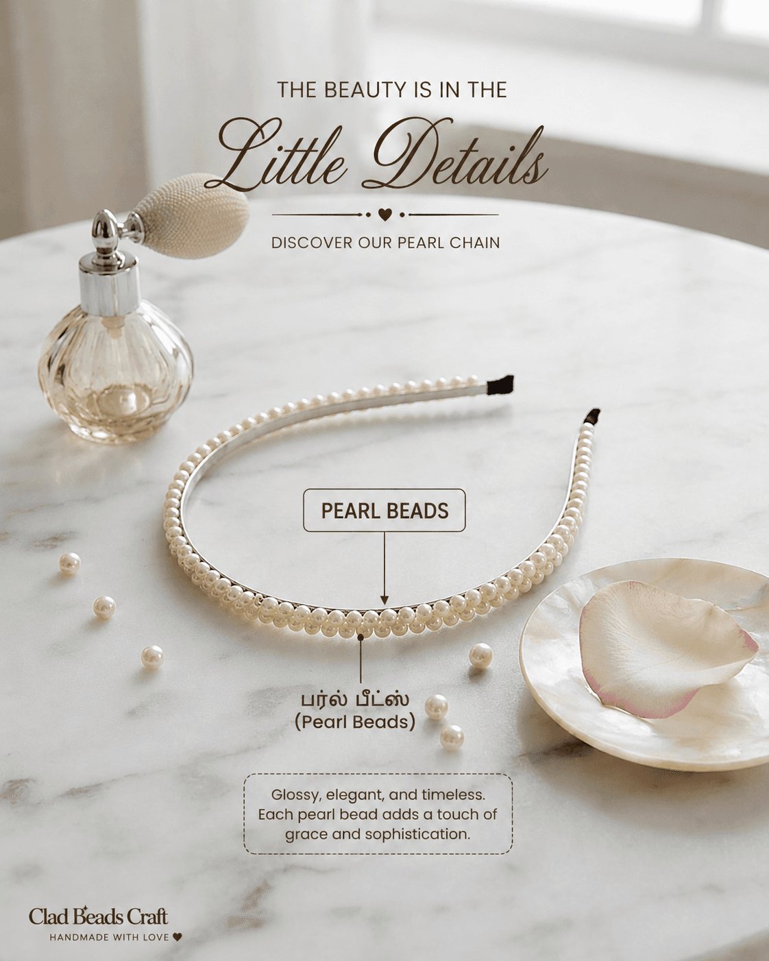Small white pearl-look beads arranged along a slim headband