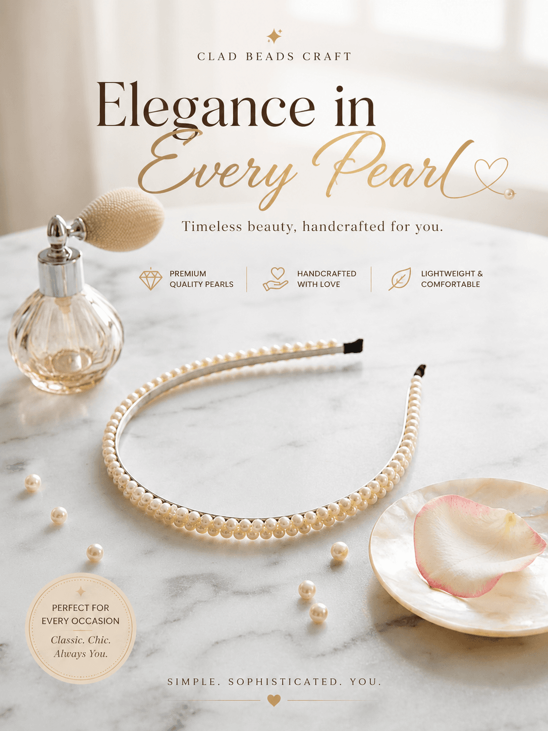 White pearl-look beaded headband styled as an elegant feminine hair accessory