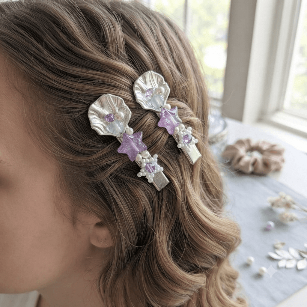 Woman wearing matching pastel star and pearl-look beaded hair clips in her hairstyle