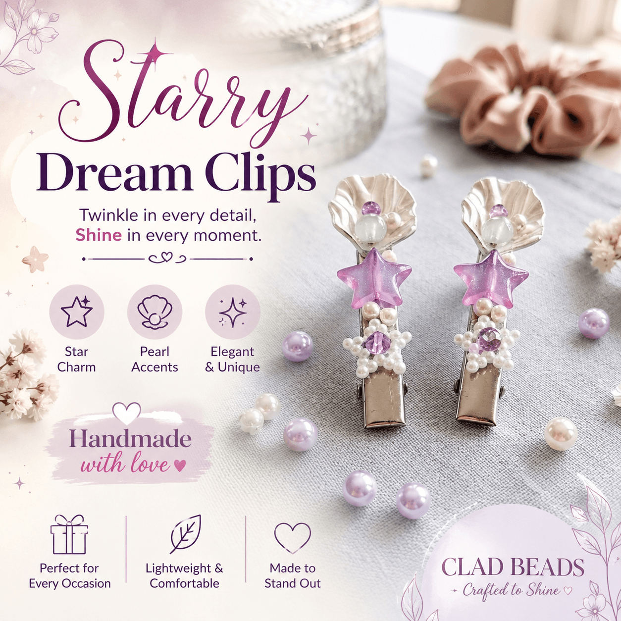 Pair of pastel beaded hair clips with purple star charms, pearl-look accents and shell-inspired details