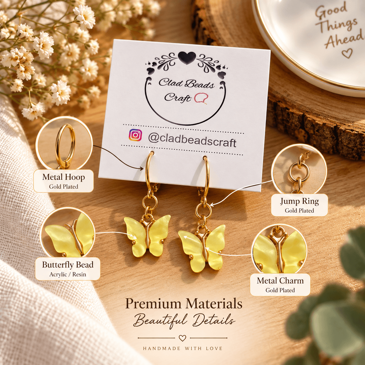 Handmade yellow butterfly earrings shown through material selection, assembly and quality-check stages
