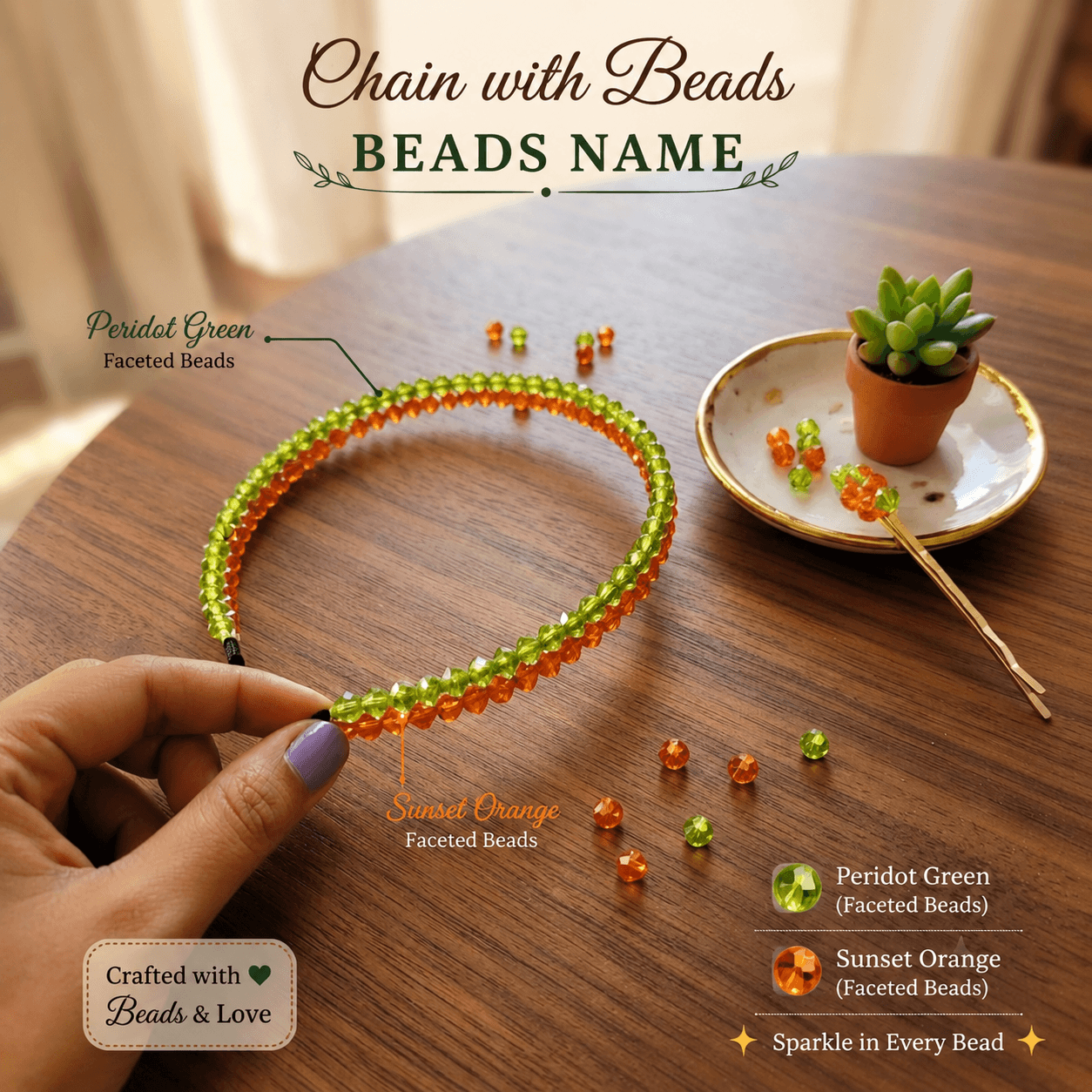 Green and orange faceted decorative beads used in the Sunset Lime beaded headband