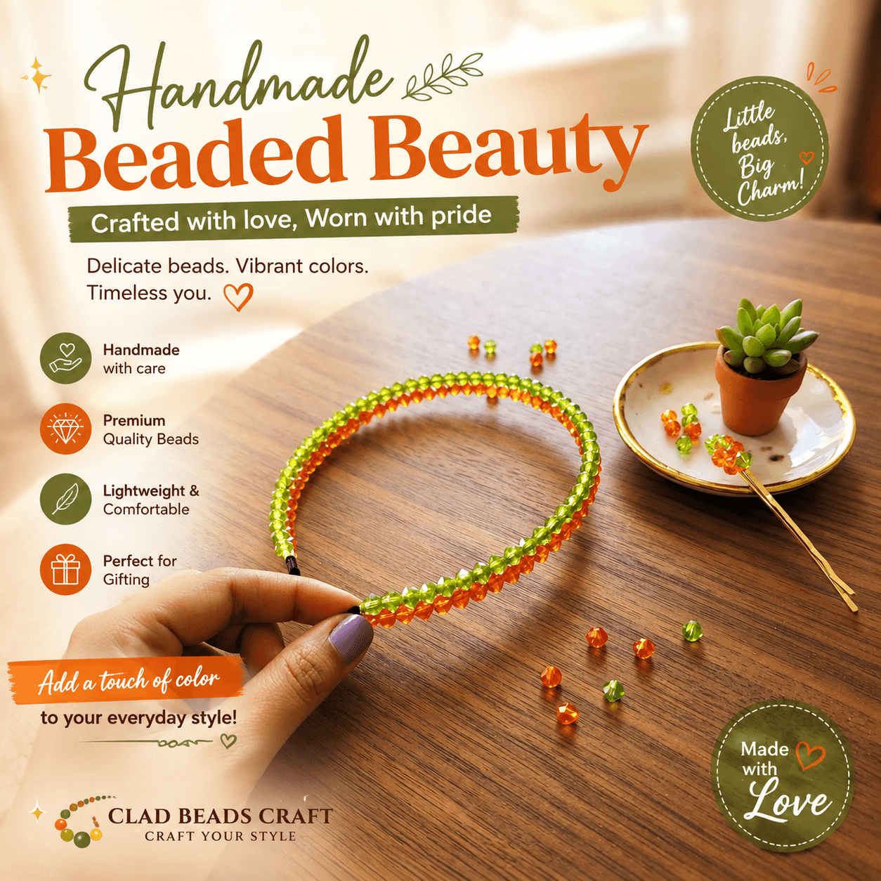 Handmade green and orange beaded headband with faceted beads and colourful styling details
