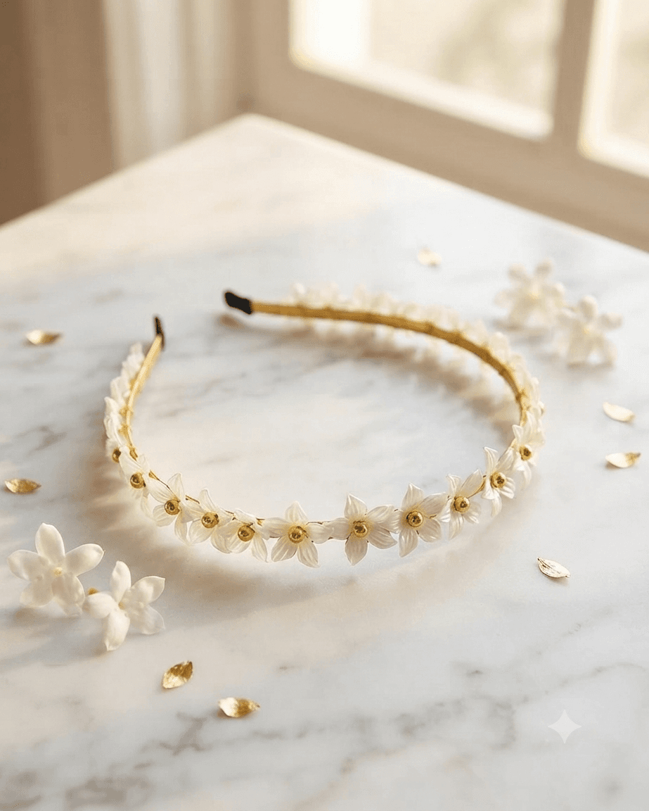 White flower-petal beaded headband displayed on a light marble-style surface