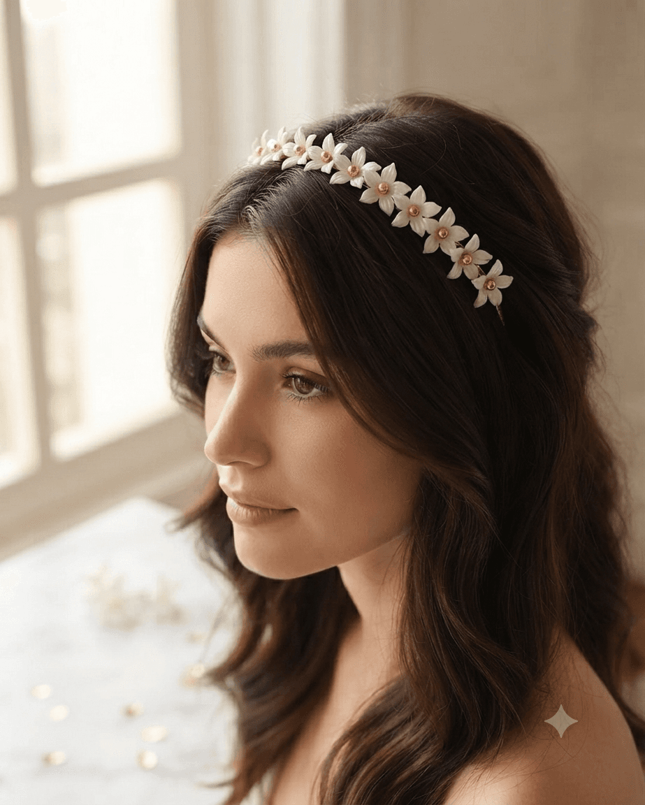 Woman wearing a white floral beaded headband with gold-tone flower accents