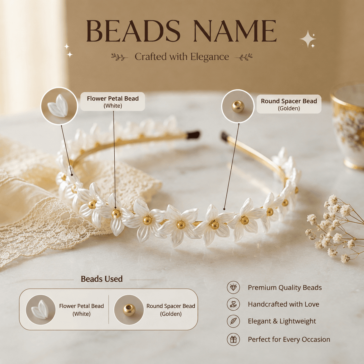 White floral headband with flower-petal beads and gold-tone round spacer beads