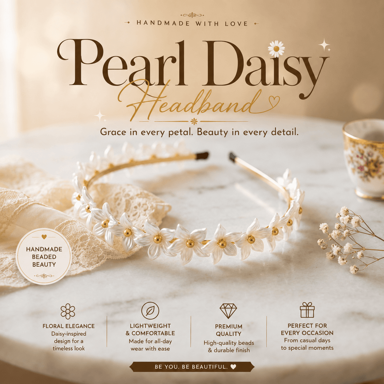 White flower beaded headband with gold-tone accents styled as an elegant floral hair accessory