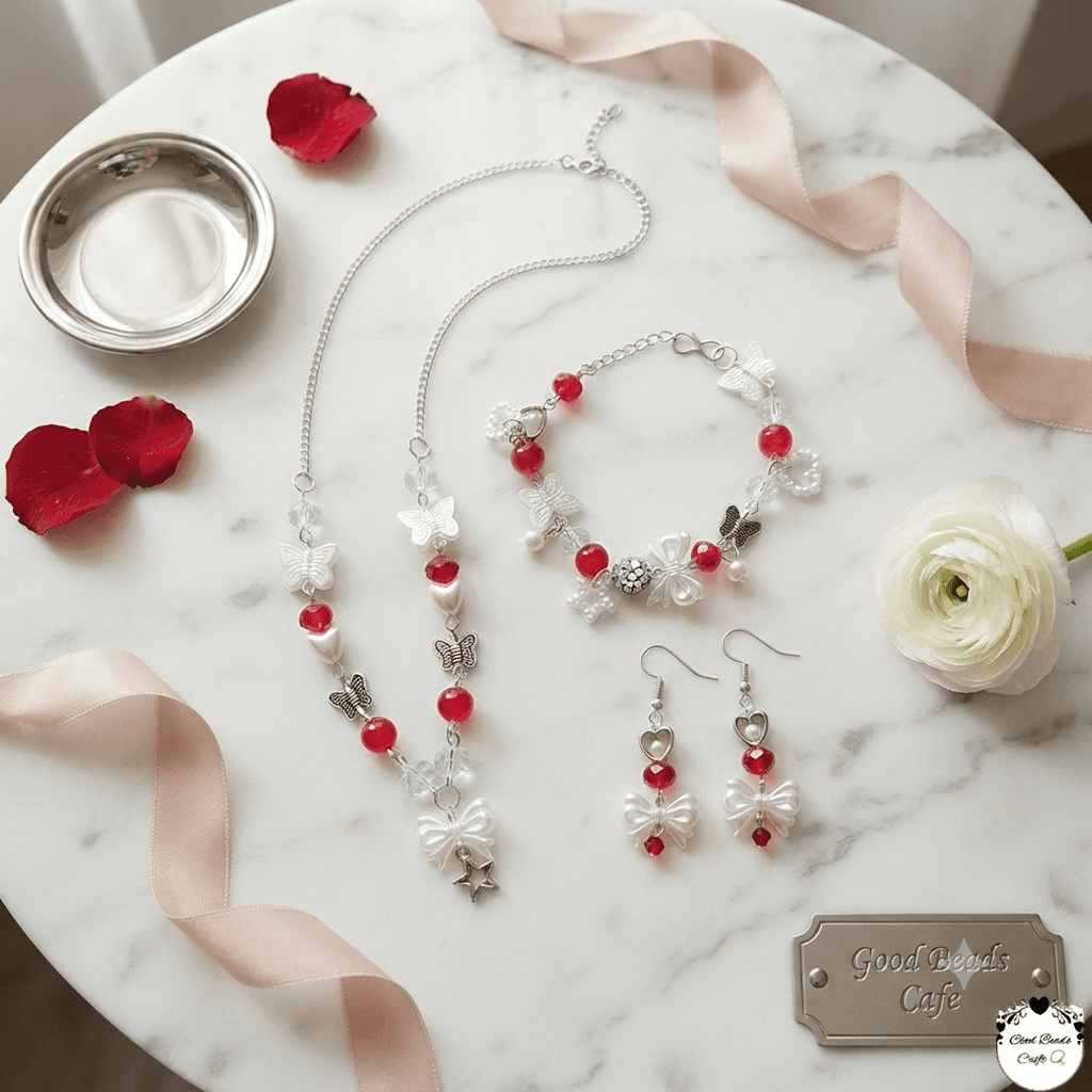 Handmade red and white beaded jewellery set with necklace, butterfly bracelet and matching bow drop earrings displayed on a marble surface.