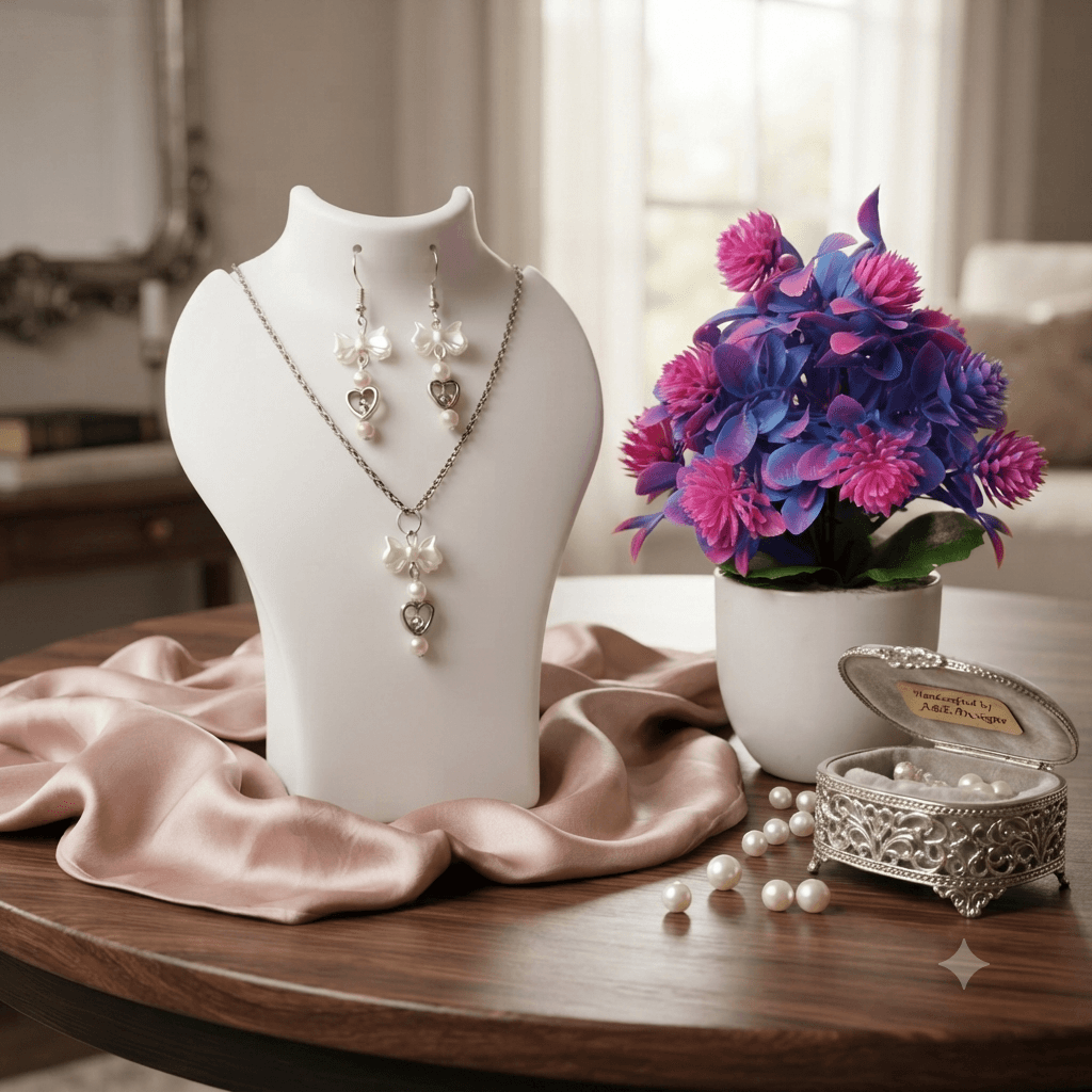 White butterfly-inspired necklace and matching earrings displayed on a white jewellery bust with pearl-look beads and delicate heart details.
