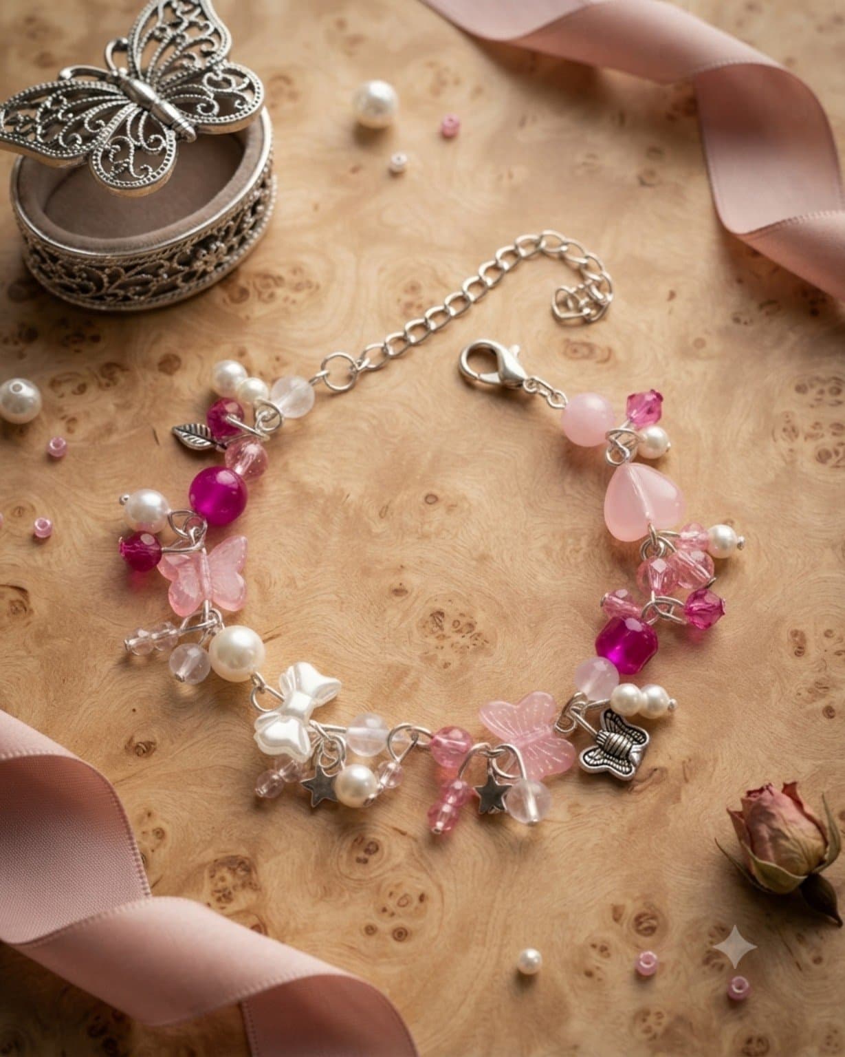 Handmade pink beaded chain bracelet with butterfly, flower, bow and star details arranged on a wooden surface.