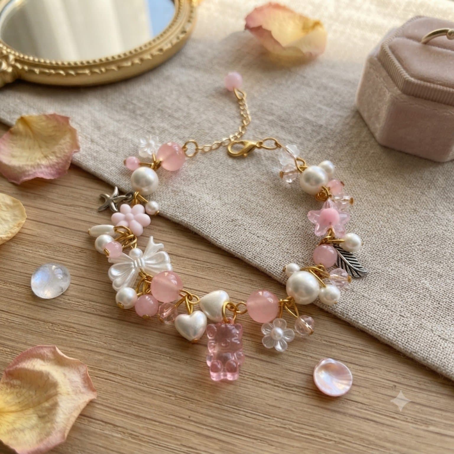 Handmade blush pink and white beaded teddy bear charm bracelet with heart, flower, starfish and leaf-inspired details on a gold-tone chain.