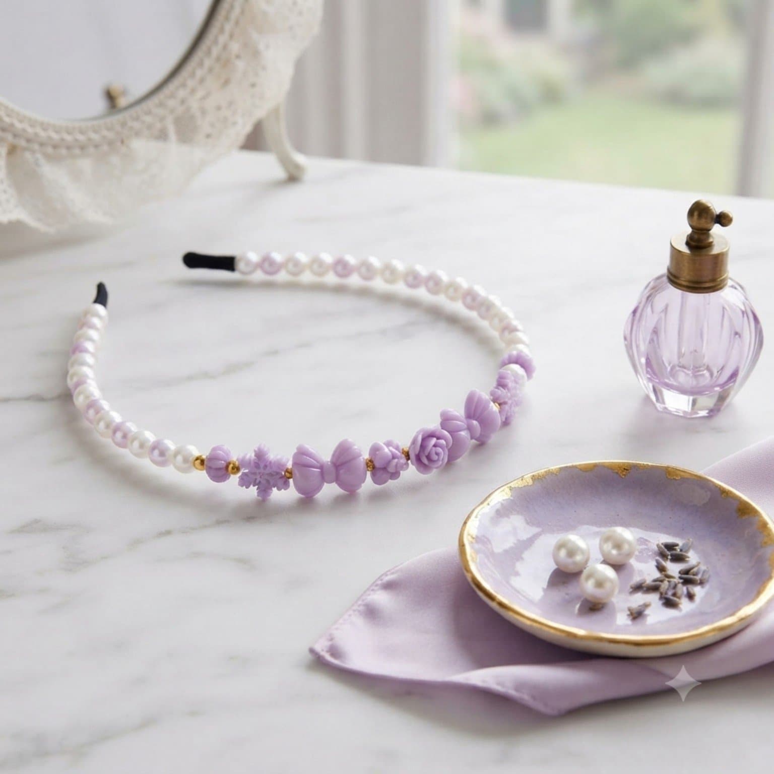 Lilac and white pearl-look beaded headband with floral and bow details displayed on a white surface